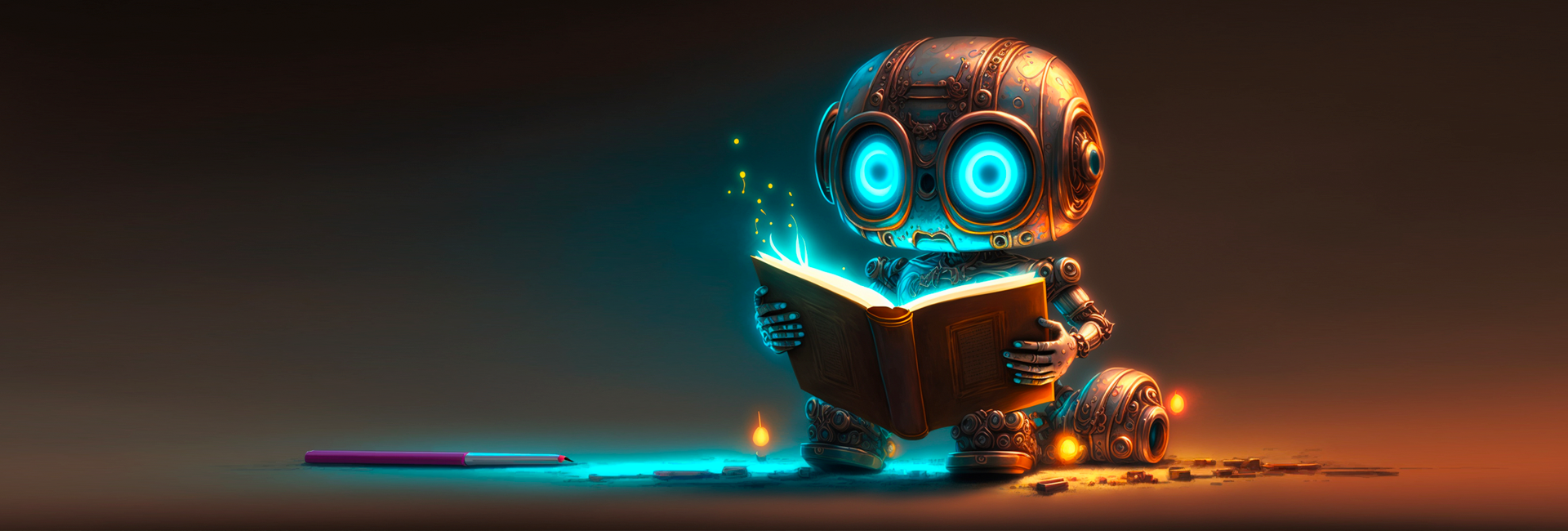 Robot AI reads book. The words float up off the page, becoming part of the AI's data pool.